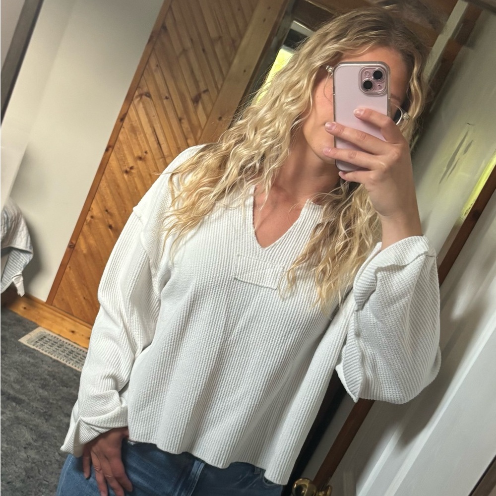Double Zero Cream Ribbed V-Neck Top